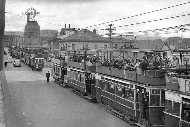 Trams heading down Macquarie Street, Hobart, in October 1935.