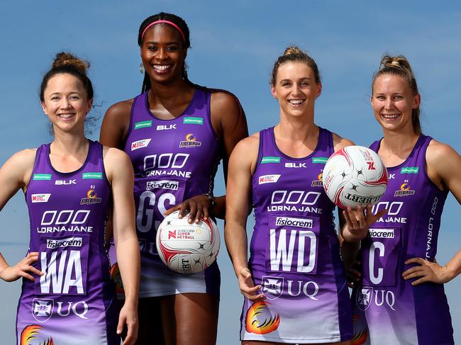 Firebirds’ leadership group Caitlyn Nevins, Romelda Aiken, Gabi Simpson and Mahalia Cassidy. Picture: Adam Head