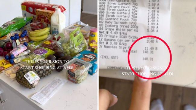 The ALDI shop came in much cheaper and with more in the trolley. Image: TikTok / @zoe.schilling