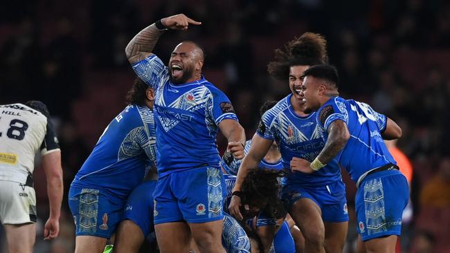 LONDON, ENGLAND – NOVEMBER 12: Samoa captain Junior Paulo celebrates after Stephen Crichton kicks the winning golden point drop goal to win the Rugby League World Cup Semi-Final match between England/Papua New Guinea and Tonga/Samoa at Emirates Stadium on November 12, 2022 in London, England. (Photo by Gareth Copley/Getty Images)