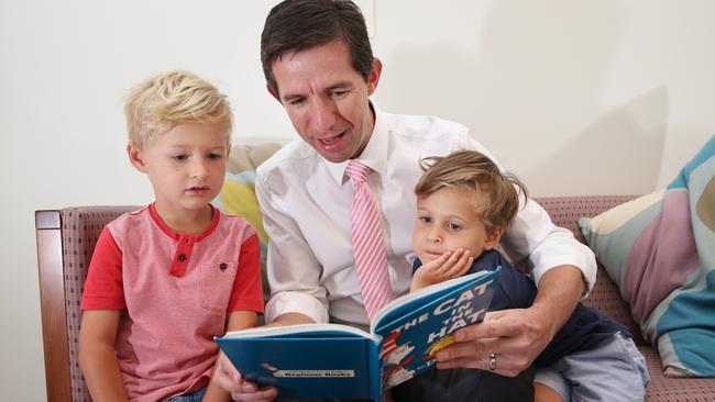 Education Minister Simon Birmingham, with Israel Watt, 4, and brother Julius, 3, says Australia’s literacy standards are at a critical point. Picture: Gary Ramage