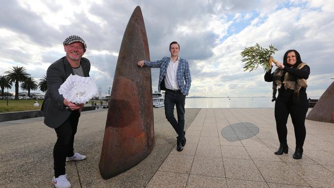 Artists Matthew Gardiner and Corrina Eccles with CoGG councillor Trent Sullivan, during the announcement of a Covid support package last year. Picture: Peter Ristevski