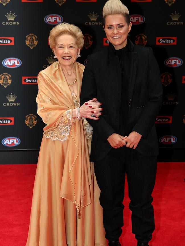 Susan Alberti and AFLW footballer Moana Hope on the red carpet at last year’s Brownlow Medal. Picture: Tim Carrafa