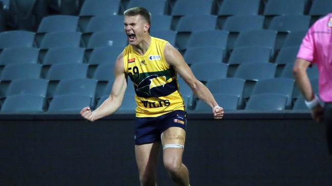 Tyler Welsh – the son of former Adelaide forward Scott – celebrates a goal for the Eagles. Picture: SANFL