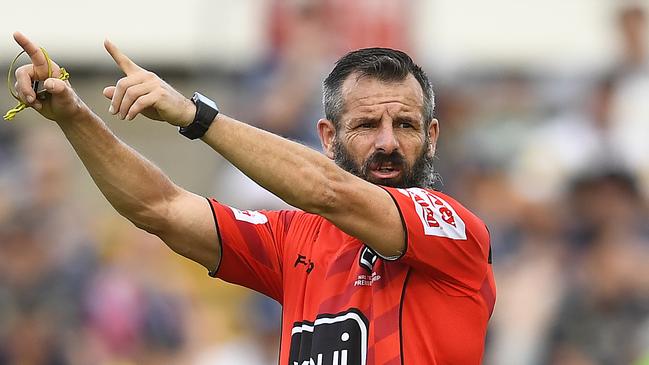 TOWNSVILLE, AUSTRALIA - APRIL 06: Referee Gavin Badger signals during the round four NRL match between the North Queensland Cowboys and the Canberra Raiders at 1300SMILES Stadium on April 06, 2019 in Townsville, Australia. (Photo by Ian Hitchcock/Getty Images)