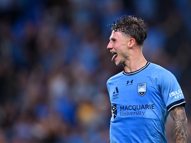 SYDNEY, AUSTRALIA - JANUARY 11: Adrian Segecic of Sydney FC celebrates scoring his second goal during the round 13 A-League Men match between Sydney FC and Central Coast Mariners at Allianz Stadium, on January 11, 2025, in Sydney, Australia. (Photo by Albert Perez/Getty Images)