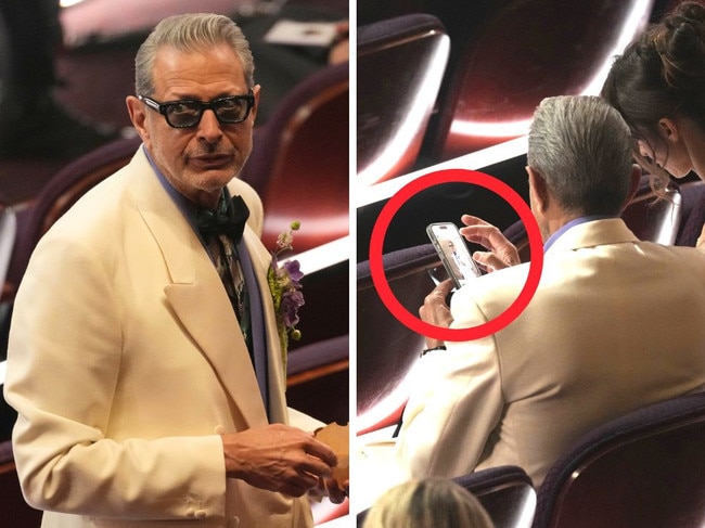 Jeff Goldblum caught checking out his Oscars 2025 red carpet photos.