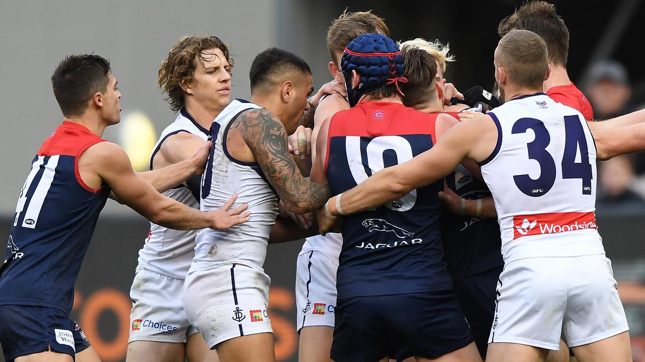 Micheal Walters was reported for headbutting Melbourne’s Jay Lockhart. Picture: AAP Image/Julian Smith.