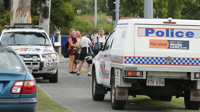 Students at Saint Stephen’s College in Coomera after seven students were rushed to hospital after a suspected drug overdose. Picture Glenn Hampson