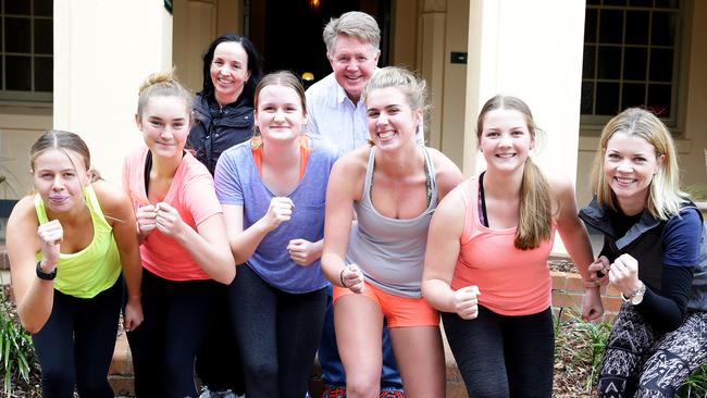 Stella Maris College students running in 2016. Molly Marr, Chloe Walters, Isabella Gollan, Amelia Kirk, Georgia Phillips, Melanie Bradstreet with Andrea Mezger and Mike Pawley. Picture: Martin Lange