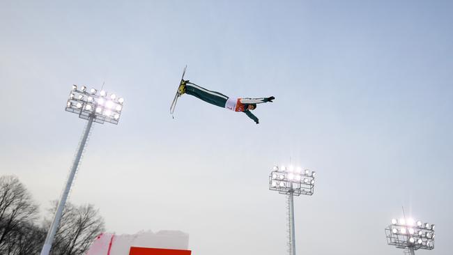 Laura Peel of Australia jumps during freestyle aerials training at Phoenix Snow Park during the PyeongChang 2018 Winter Olympic Games,  in PyeongChang, South Korea, Saturday, February 10, 2018. (AAP Image/Dan Himbrechts) NO ARCHIVING, EDITORIAL USE ONLY