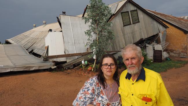 Historic Chateau Mildura owners Lance and Marina Milne with their collapsed shed. Picture: Glenn Milne