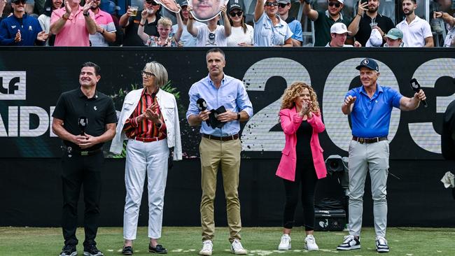 LIV Golf CEO Scott O'Neil, Adelaide Lord Mayor Jane Lomax-Smith, Premier Peter Malinauskas and Greg Norman announce LIV will stay in Adelaide until at least 2031. Picture: Mark Brake/Getty Images