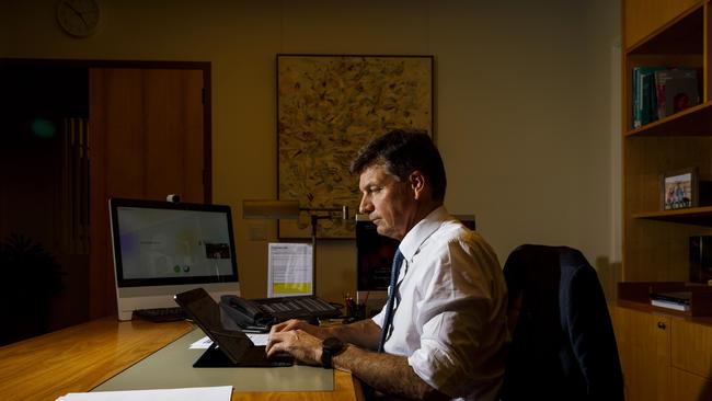 Energy Minister Angus Taylor in his office at Parliament House in Canberra on Monday. Picture: Sean Davey.