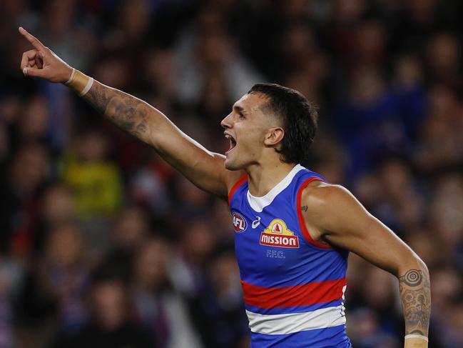 MELBOURNE , AUSTRALIA. April 12, 2024.  AFL. Round 5. Western Bulldogs vs Essendon at Marvel Stadium.   Bulldog Jamarra Ugle-Hagan celebrates a 1st quarter goal     . Pic: Michael Klein