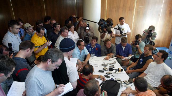 The French Rugby team talk to the media at the Swiss Grand hotel in Bondi in 2003 when. Frederic Michalak was the star of the show. Pic Brett Costello.