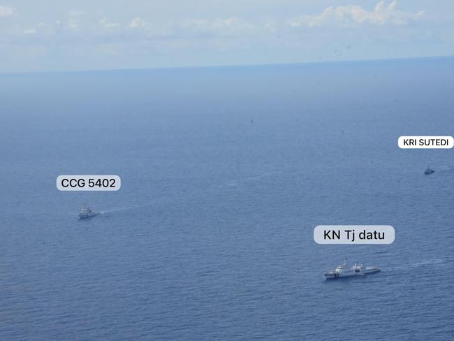 Indonesian navy and coastguard vessels - KN TJ Datu and KRI Sutedi, eject a Chinese Coastguard vessel from Indonesia’s north Natuna waters on day one of Prabowo Subianto’s new presidency after the vessel  was found to be harassing a seismic data survey being carried out by State energy company Pertamina. Picture: Supplied