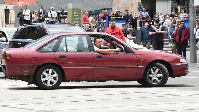 Dimitrious “Jimmy” Gargasoulas exhibits dangerous driving behaviour in a Melbourne intersection just moments before his deadly rampage on Friday. Picture: Tony Gough