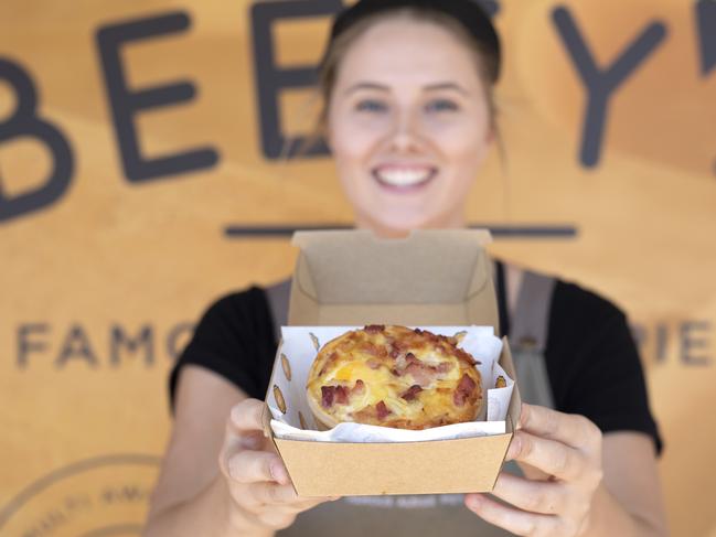 Acacia Lanham showing off a Beefy’s pie.