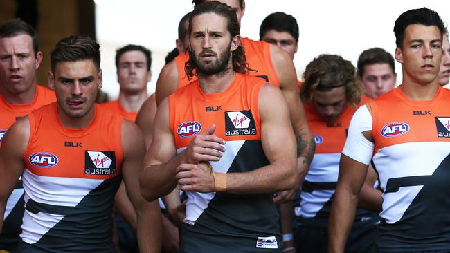 Callan Ward leading out Greater Western Sydney against the Western Bulldogs. Picture. Phil Hillyard