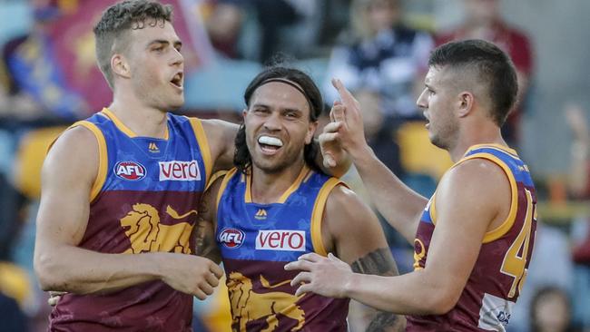 The Brisbane Lions celebrate their win on Saturday. Picture: AAP Images