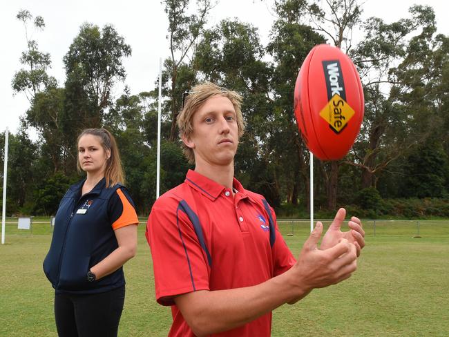AFL Victoria looking to merge some country leagues and force some teams to play in other comps. This means leagues could be merged or axed and teams pulled out of competitions and forced to play elsewhere under a major shake up of footy and netball in Gippsland. (L-R) Rachel Ronaldson (Vice President of Ellinbank and District Netball Association and player) and Trent Barker (player Buln Buln). Picture: Josie Hayden
