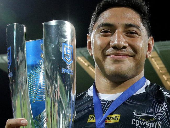 Jason Taumalolo of the Cowboys holds the trophy after winning the NRL Nines 2020 tournament at HBF Park in Perth, Saturday, February 15, 2020. (AAP Image/Richard Wainwright) NO ARCHIVING, EDITORIAL USE ONLY