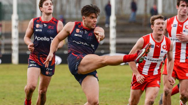 Norwood’s Nik Rokahr kicks forward during the win over North at Norwood Oval on Saturday. Picture: Brenton Edwards