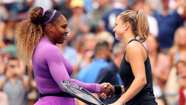 Serena Williams shakes hands with opponent Karolina Muchova after her third round US Open clash. Off court, she is known for her respect for her rivals.