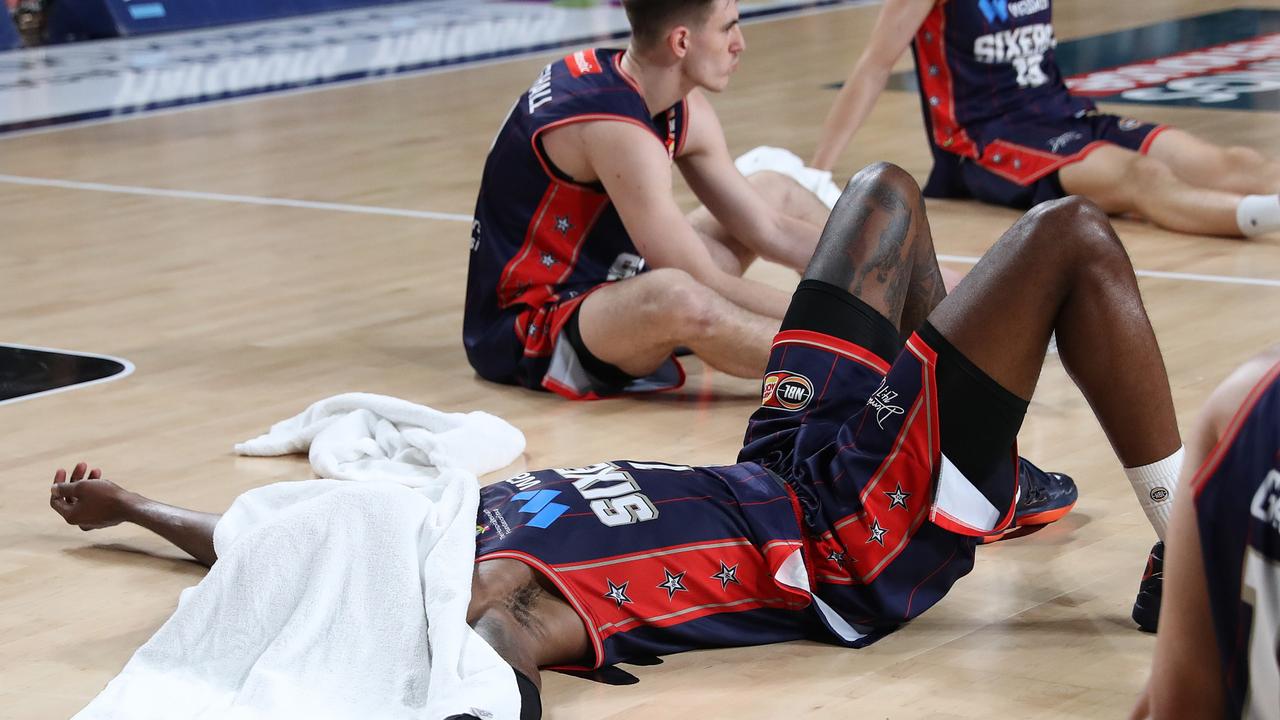 An exhausted Antonius Cleveland after the Sixers held off the fast-finishing Phoenix. Picture: Sarah Reed/Getty Images