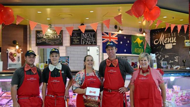 I SEE RED: The Little Butcher staff Jesse Walker, Wayde Glover, Clinton Stretton, Brenda Stretton, and Kerrie Allan. Picture: Madeline Grace