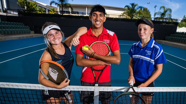 Mia Tsoukalas (Glenlea), Hemang Gaur (East Adelaide Payneham) and Taylah Lessue (Athelstone) will compete in the Tennis SA Junior State League grand finals, which will be live streamed on The Advertiser website. Picture: Tom Huntley