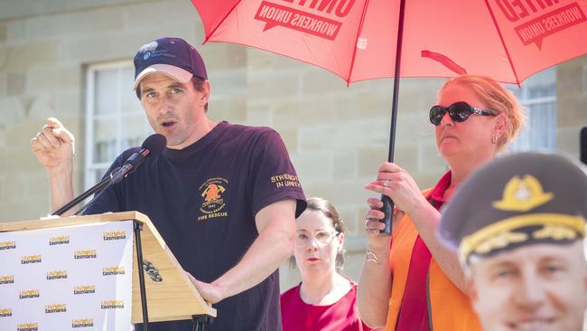 Tasmanian public sector unions march and rally at Hobart, UFU Delegate Robin O'Brien. Picture: Chris Kidd