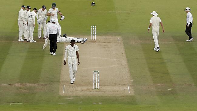 Steve Smith on the ground after being struck by a delivery from Jofra Archer. Picture: Getty Images