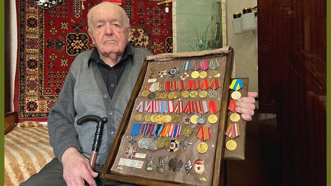 Zigmund Venglovsky, 97, with his medals at his home in Zhytomyr, west of Kiev.