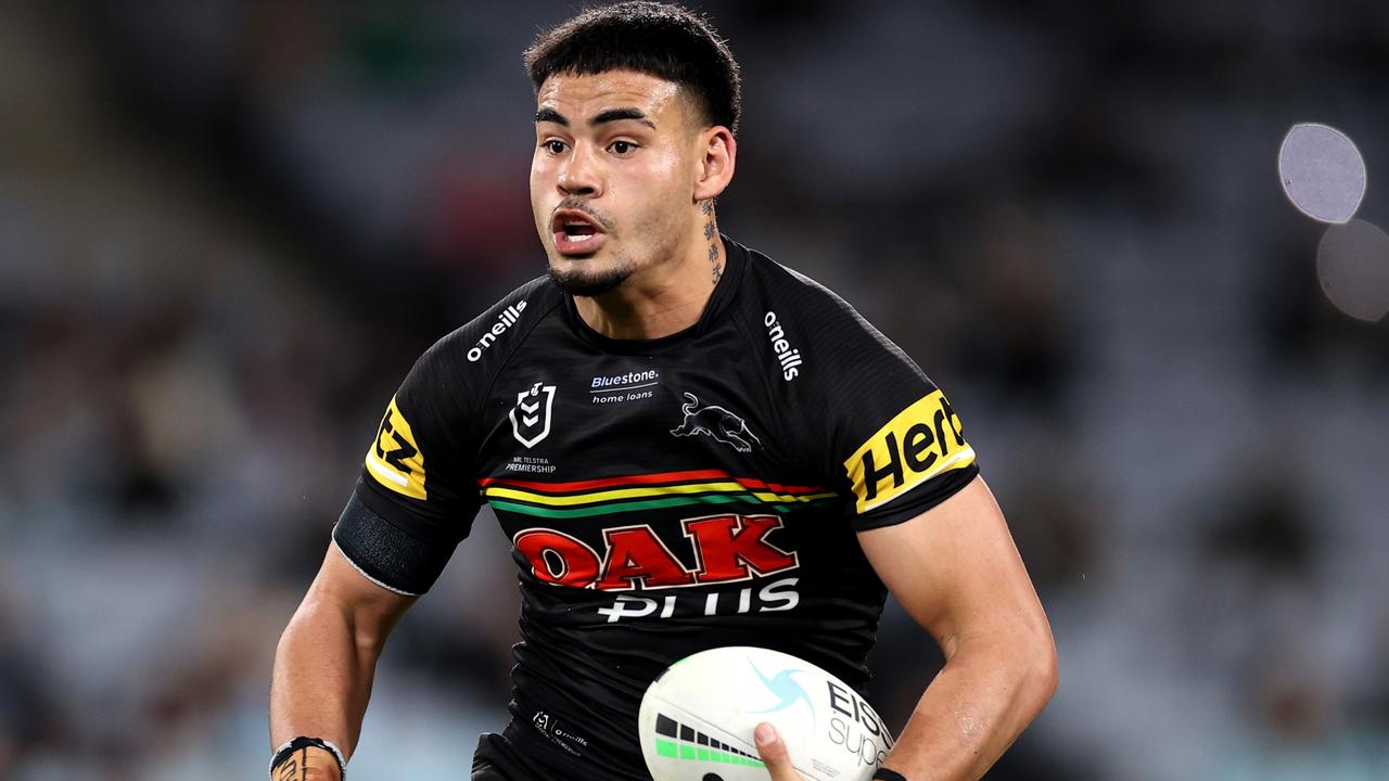 SYDNEY, AUSTRALIA - AUGUST 18: Taylan May of the Panthers makes a break during the round 23 NRL match between the South Sydney Rabbitohs and the Penrith Panthers at Accor Stadium, on August 18, 2022, in Sydney, Australia. (Photo by Cameron Spencer/Getty Images)