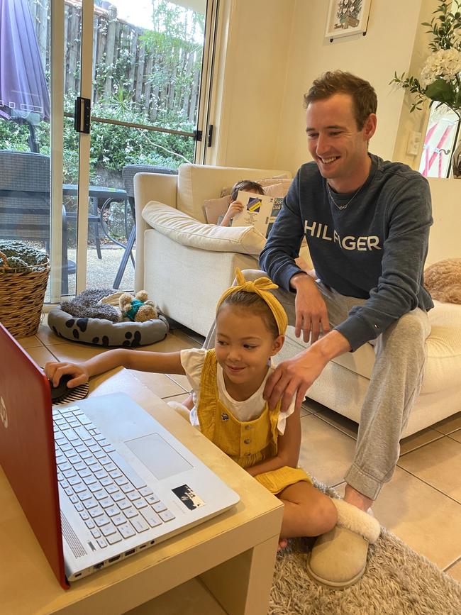 Jockey Ryan Plumb at home with children Olivia, 7, and Chase, 6. Picture: Supplied.