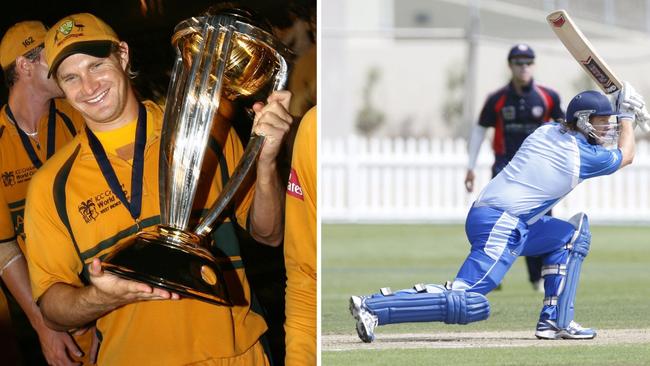 Shane Watson celebrates with the 2007 World Cup, and on the attack for Sutherland in 2012.