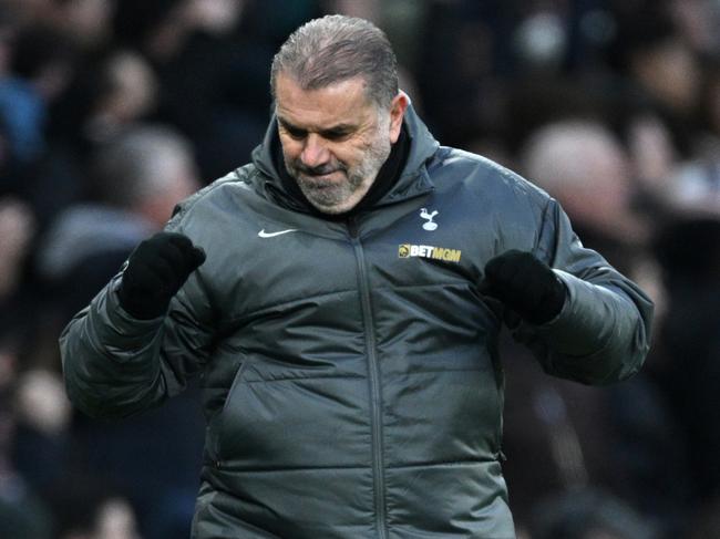 LONDON, ENGLAND - FEBRUARY 16: Ange Postecoglou, Manager of Tottenham Hotspur, celebrates after James Maddison of Tottenham Hotspur (not pictured) scores his team's first goal during the Premier League match between Tottenham Hotspur FC and Manchester United FC at Tottenham Hotspur Stadium on February 16, 2025 in London, England. (Photo by Justin Setterfield/Getty Images)