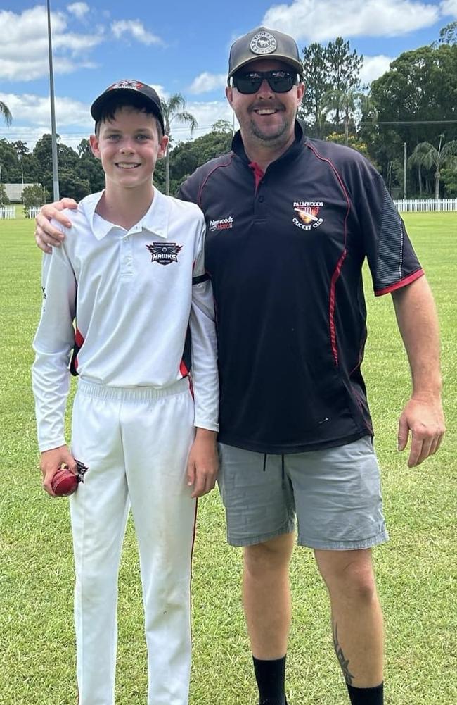 Palmwoods cricketer Henry Roper with his coach Adam Hoyle.