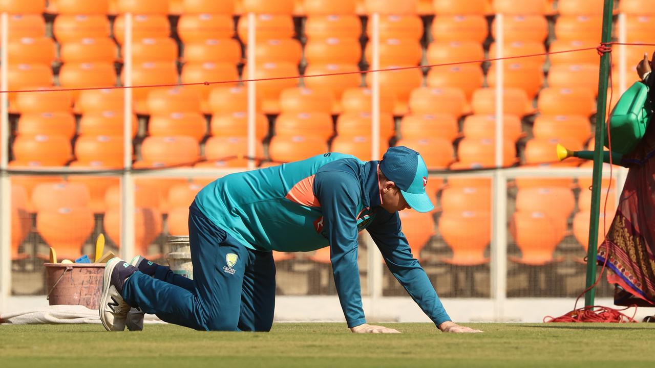 Steve Smith inspects the Ahmedabad pitch. (Photo by Robert Cianflone/Getty Images)