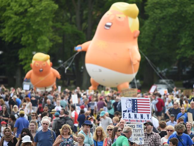 The Baby Trump Balloon floats in the middle of crowds at a protest on July 14, 2018 in Edinburgh, Scotland. Picture: Getty Images