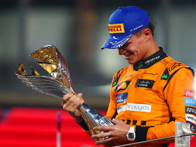 Lando Norris celebrates his race win.