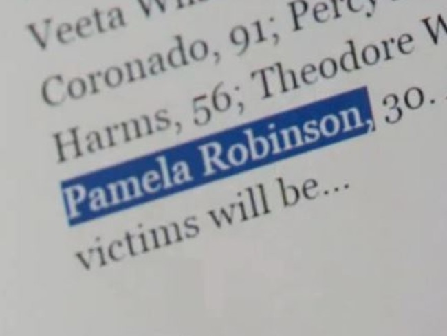 An internet search revealed a woman called Pam did die in a fire. Picture: Screengrab/Fox 2.