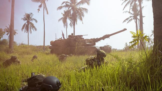 Australian Army and Indonesian Armed Forces soldiers conduct an amphibious assault with an Australian M1A1 Abrams Main Battle Tank during Exercise Keris Woomera 2024 at Banongan Beach, Indonesia. PHOTO: CPL Janet Pan