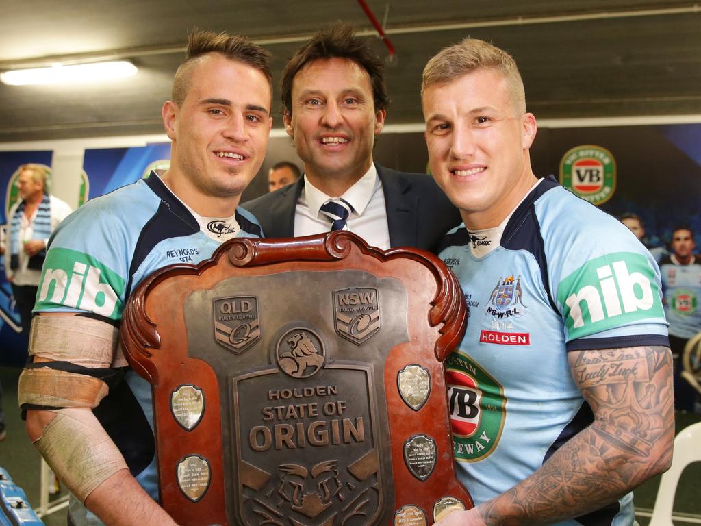 Few expected (L-R) Josh Reynolds, coach Laurie Daley and Trent Hodkinson to end Queensland’s Origin dominance. Picture: Gregg Porteous