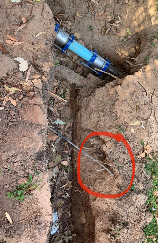 A picture taken by a resident of the damaged Telstra cable next to a water line council was trying to access