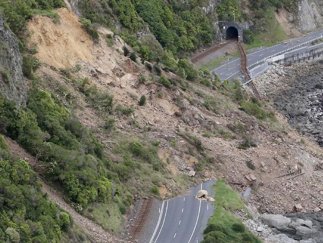 Damage to State Highway One which runs the length of the country has trapped residents in Kaikoura. Picture: AFP PHOTO / POOL / Mark MITCHELL