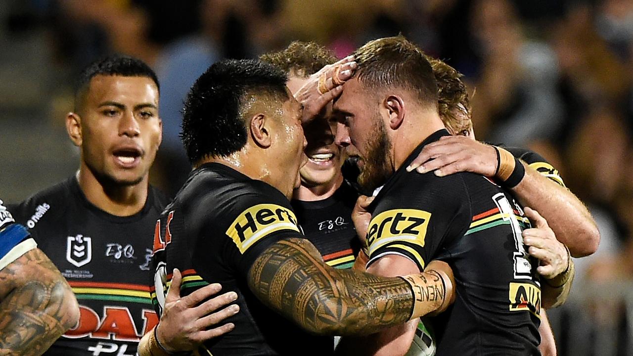 MACKAY, AUSTRALIA - SEPTEMBER 18: (EDITORS NOTE: Retransmission with alternate crop.) Kurt Capewell of the Panthers celebrates with his team mates after scoring a try during the NRL Semifinal match between the Penrith Panthers and the Parramatta Eels at BB Print Stadium on September 18, 2021 in Mackay, Australia. (Photo by Matt Roberts/Getty Images)
