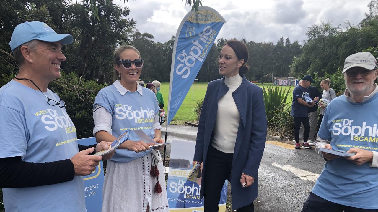 Independent candidate for Mackellar, Sophie Scamps (second from right) with her campaign manager Jacqui Scruby and campaign volunteers Ken Christensen and Clayton McLellan at the Nelson Heather Community Centre pre-poll station at Warriewood on Tuesday. Picture: Jim O'Rourke